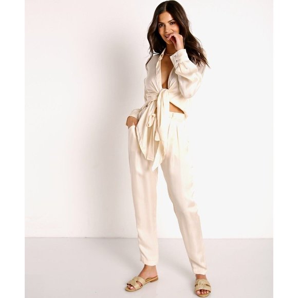 Indah Agent Trousers Opal Cream Satin Tie Belt Revolve - Picture 4 of 4